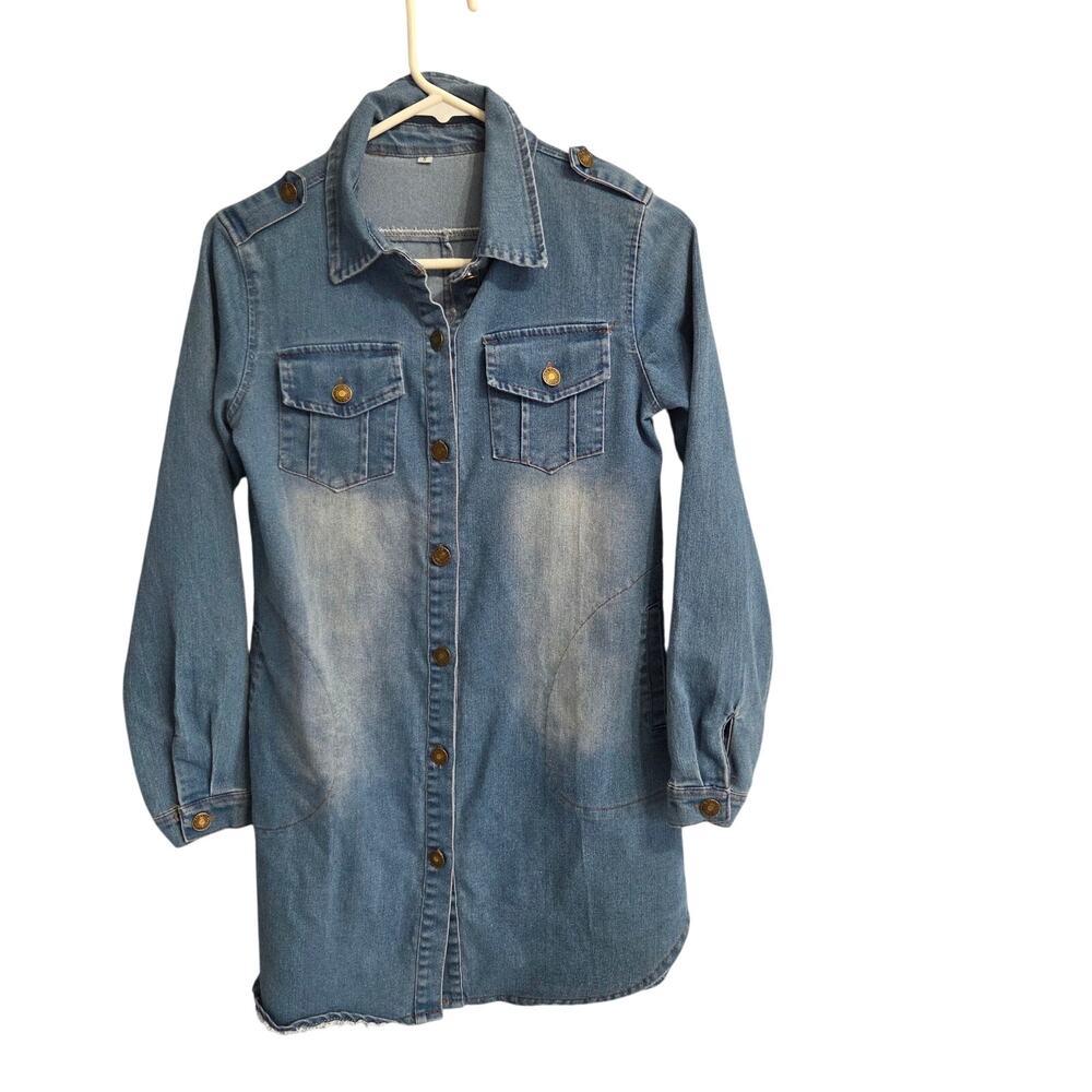 Hengsheng Woman's Collard Long Sleeve Denim Jean Dress size S